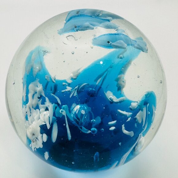 Art Glass Clear Round Paperweight with Controlled Bubbles Waves 3 Blue Dolphins - Picture 13 of 16